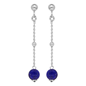Boucles d’oreille pendantes en argent rhodié chaînette avec boule Lapis Lazuli véritable et fermoir poussette