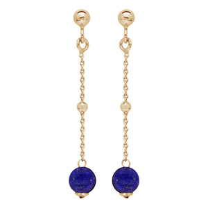 Boucles d'oreille pendantes en argent rhodié et dorure jaune chaînette avec boule Lapis Lazuline vér