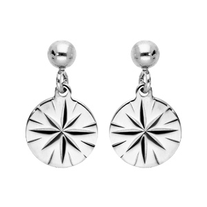 Boucles d'oreille en argent rhodié pastille étoile diamantée suspendue et fermoir poussette
