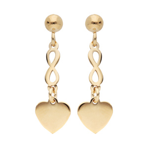 Boucles d’oreille pendantes en argent rhodié et dorure jaune symboles coeur et infini suspendus et fermoir poussette
