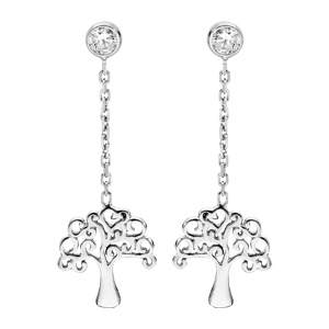 Boucles d’oreille pendantes en argent rhodié chaînette avec arbre de vie et fermoir poussette