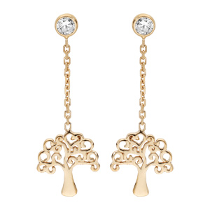 Boucles d'oreille pendantes en argent rhodié et dorure jaune chaînette avec arbre de vie et fermoir 