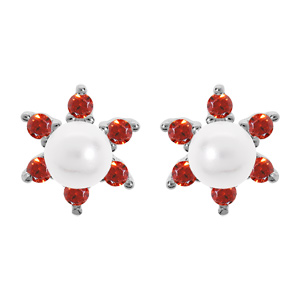 Boucles d'oreille en argent rhodié fleur perle blanche de synthèse et oxydes rouges et fermoir pouss