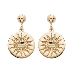 Boucles d'oreille en argent rhodié et dorure jaune pastille motif soleil suspendue et fermoir pousse