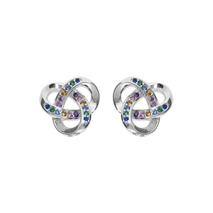 Boucles d’oreille en argent rhodié noeud celtique avec oxydes multi couleurs sertis et fermoir poussette