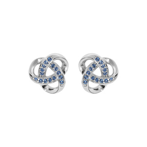 Boucles d'oreille en argent rhodié noeud celtique avec oxydes bleu ciel sertis et fermoir poussette