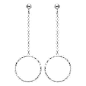 Boucles d’oreille pendantes en argent rhodié chaînette avec cercle diamanté et fermoir poussette