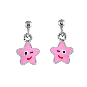 Boucles d’oreilles pour enfant en argent rhodié étoile rose suspendue et fermoir poussette