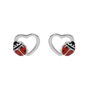 Boucles d’oreille en argent rhodié coeur avec coccinelle et fermoir poussette