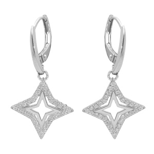 Boucles d'oreille en argent rhodié étoile ajourée contour oxydes blancs sertis suspendue et fermoir 