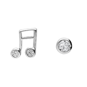 Boucles d’oreille en argent rhodié 1 oxyde blanc serti clos et 1 note de musique croche et fermoir poussette