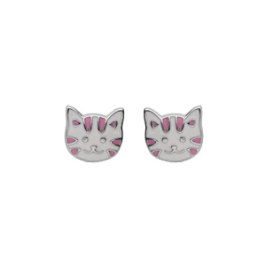 Boucles d’oreille en argent rhodié enfant tête de chat blanche et rose avec fermoir poussette