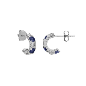 Créoles en argent rhodié avec oxydes bleus foncé et blancs sertis et fermoir poussette