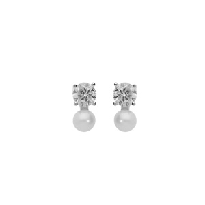 Boucles d’oreille en argent rhodié Perle de Culture d’eau douce blanche 4mm et oxyde blanc serti avec fermoir poussette