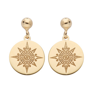 Boucles d'oreille pendantes en argent rhodié et dorure jaune pastille motif soleil stylisé et fermoi