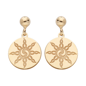 Boucles d’oreille pendantes en argent rhodié et dorure jaune pastille motif soleil Inca et fermoir poussette