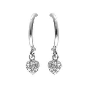 Boucles d'oreille en argent rhodié arc avec pampille coeur et oxydes blancs suspendue et fermoir pou