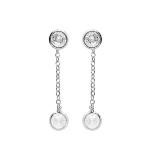 Boucles d’oreille pendantes en argent rhodié oxydes blancs et chaînette avec fermoir poussette