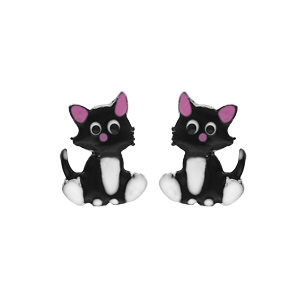 Boucles d'oreille pour enfant en argent rhodié chat noir et rose et fermoir poussette