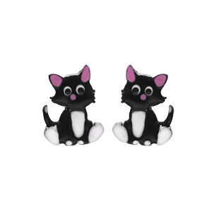 Boucles d’oreille pour enfant en argent rhodié chat noir et rose et fermoir poussette