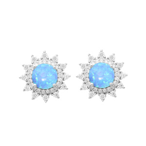 Boucles d'oreille en argent rhodié soleil avec Opale bleue de synthèse contour oxydes blancs sertis 