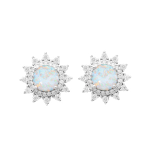 Boucles d’oreille en argent rhodié soleil avec Opale blanche de synthèse contour oxydes blancs sertis et fermoir poussette