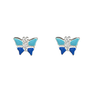 Boucles d'oreilles pour enfant en argent papillon bleu et fermoir poussette