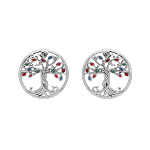 Boucles d’oreille en argent rhodié arbre de vie multi couleurs et fermoir poussette