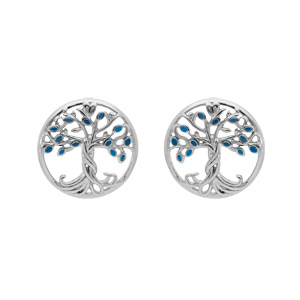 Boucles d’oreille en argent rhodié arbre de vie de couleur bleu et fermoir poussette