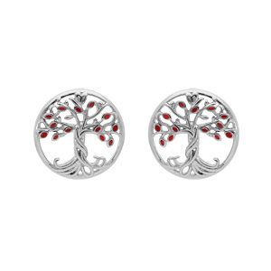 Boucles d’oreille en argent rhodié arbre de vie de couleur rouge et fermoir poussette