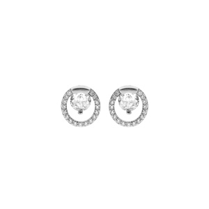 Boucles d'oreille en argent rhodié cercle avec 1 oxyde central blanc serti griffes et contour oxyde 