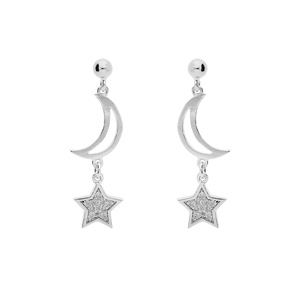 Boucles d’oreille en argent platiné lunes et étoiles avec oxydes blancs sertis suspendues et fermoir poussette