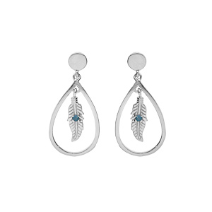 Boucles d’oreille en argent platiné goutte évidée suspendue avec plume et oxyde bleu fermoir poussette