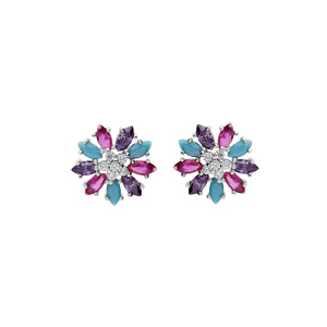 Boucles d'oreille en argent rhodié fleur d'oxydes multi couleurs et fermoir poussette