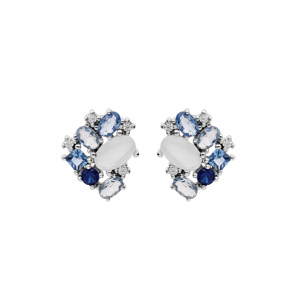 Boucles d'oreille en argent rhodié géométrie d'oxydes bleus et blancs et fermoir poussette