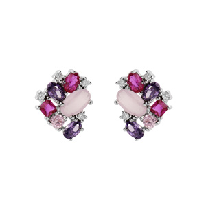 Boucles d'oreille en argent rhodié géométrie d'oxydes roses et violets et fermoir poussette