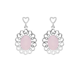 Boucles d’oreille en argent rhodié motif fleur ovale avec pierre rose suspendue et fermoir poussette