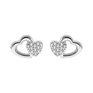 Boucles d'oreille en argent rhodié double coeurs avec oxydes blancs sertis et fermoir poussette