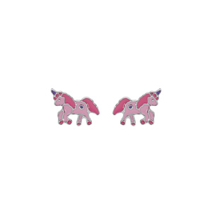 Boucles d’oreille enfant en argent rhodié licorne rose et fermoir poussette