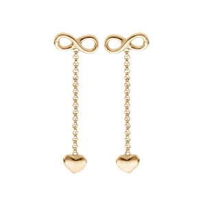 Boucles d’oreille en argent et dorure jaune motif infini chaînette et coeur suspendu fermoir poussette