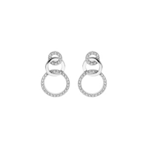 Boucles d'oreille en argent rhodié 3 anneaux lisse et avec oxydes blancs sertis et fermoir poussette