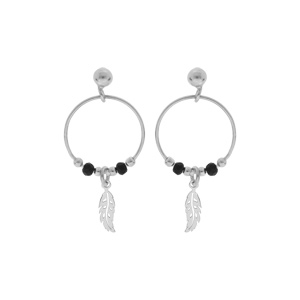 Boucles d’oreille en argent rhodié anneau suspendu 15mm avec boules lisses et noires pampille plume fermoir poussette