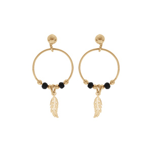 Boucles d’oreille en argent et dorure jaune anneau suspendu 15mm avec boules lisses et noires pampille plume fermoir poussette