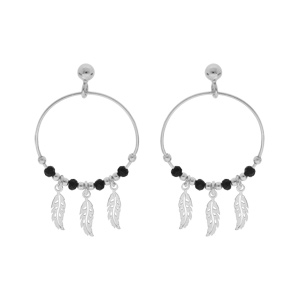 Boucles d’oreille en argent rhodié anneau suspendu 23mm avec boules lisses et noires pampille 3 plumes fermoir poussette