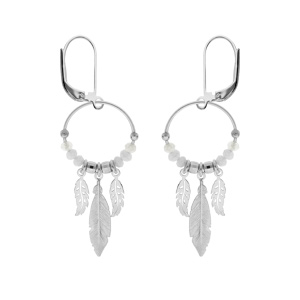 Boucles d’oreille en argent rhodié anneau suspendu 15mm avec boules lisses et blanches pampille 3 plumes fermoir dormeuse