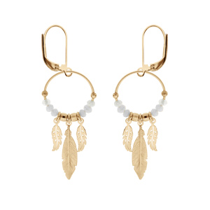 Boucles d’oreille en argent et dorure jaune anneau suspendu 15mm avec boules lisses et blanches pampille 3 plumes fermoir dormeuse