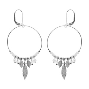 Boucles d’oreille en argent rhodié anneau suspendu 35mm boules diamantées et blanches pampille transparentes et fermoir dormeuse