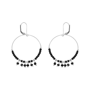 Boucles d'oreille en argent rhodié anneau suspendu 35mm boules lisses et noires pampilles noires fac