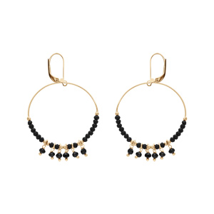 Boucles d’oreille en argent et dorure jaune anneau suspendu 35mm boules lisses et noires pampilles noires facettées et fermoir dormeuse