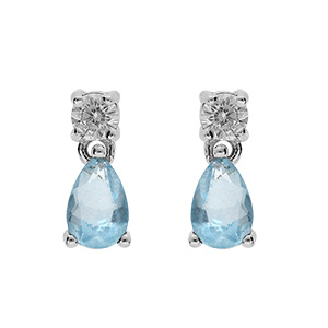 Boucles d’oreille en argent rhodié oxyde rond blanc serti et goutte bleu ciel avec fermoir poussette